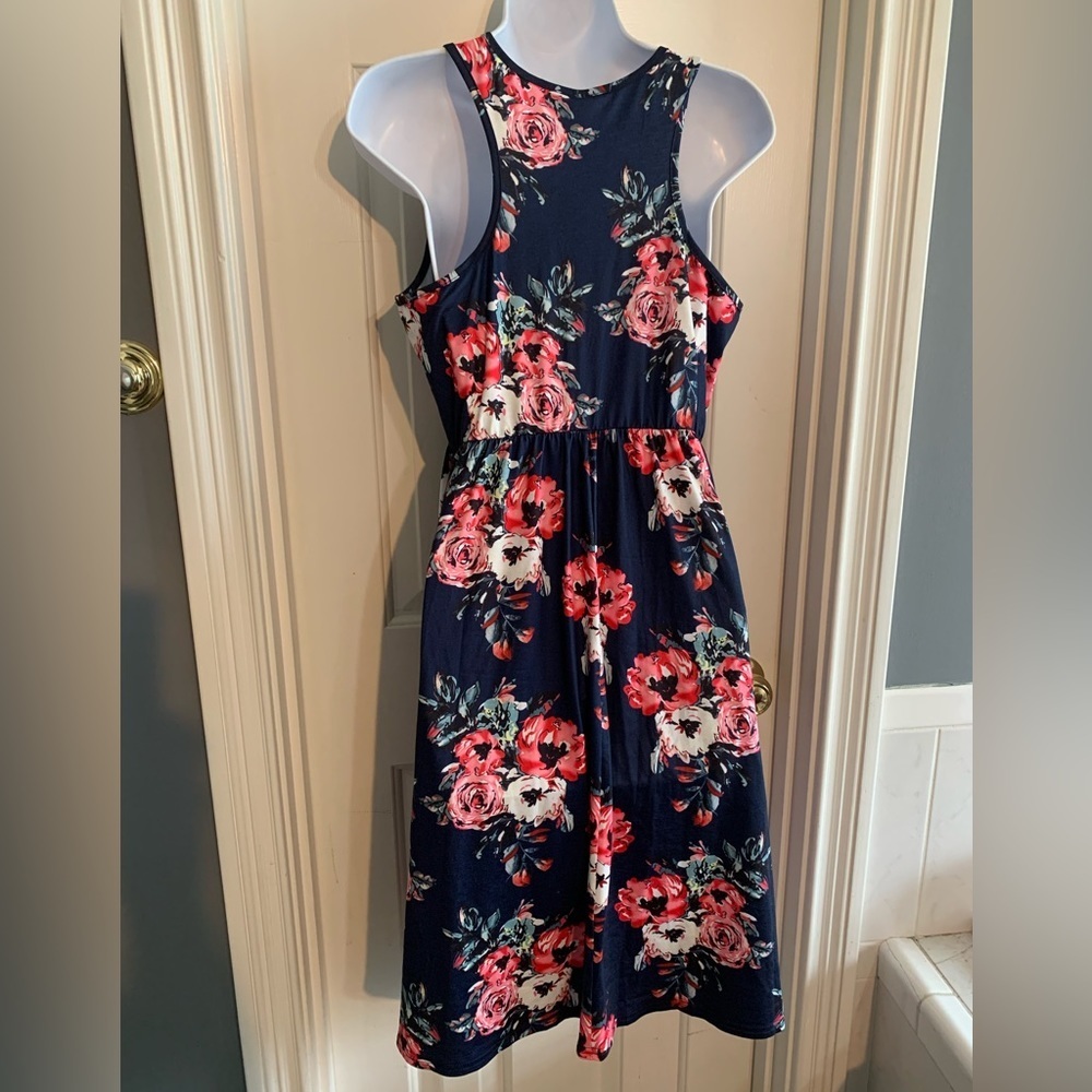 Navy Pink Floral Dress Medium Ours Stretchy Mini MIDI Flower Rose Sundress NEW - Picture 6 of 9